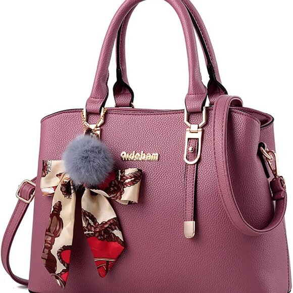 Women Satchel Leather Tote Bag Pompom Detail Zipper Compartments - Picture 1 of 7